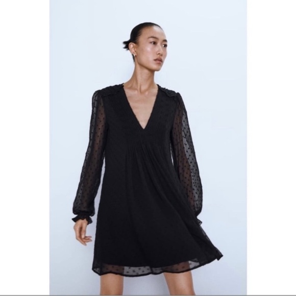 Zara Pleated Black Swiss Dot Sheer Mini Dress, Size X-Small - Picture 1 of 13
